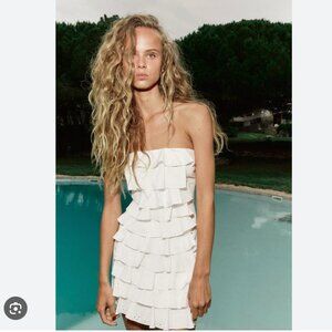 Zara Poplin Embroidered Ruffles Strapless Mini Dress White Size Small